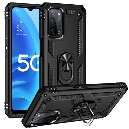 Rugged protective phone case with rotating holder, black armored shell with stand
