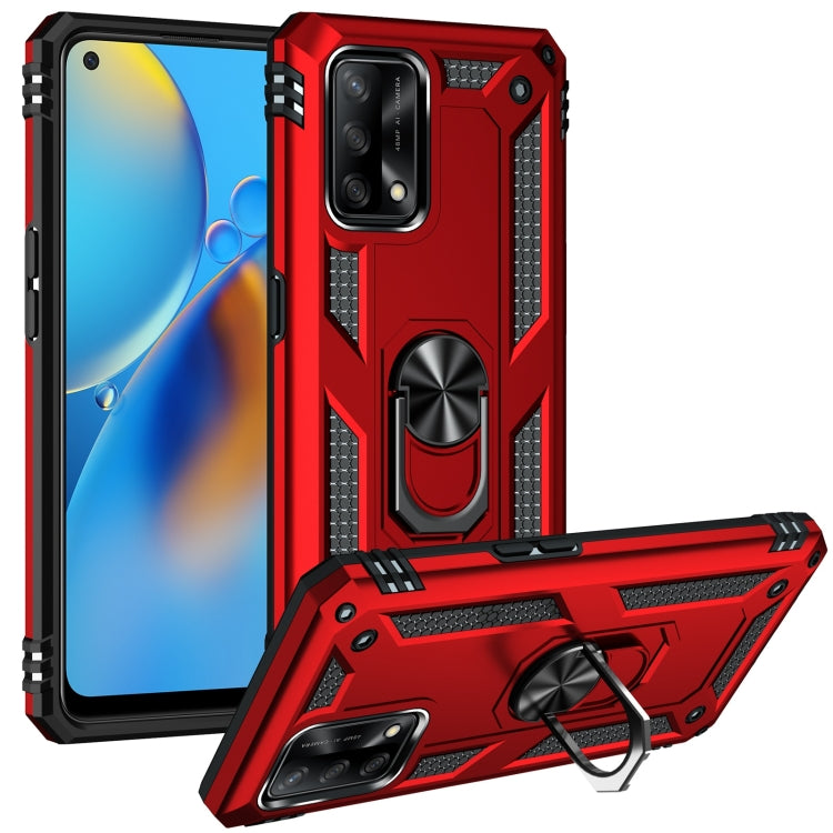 Rugged protective phone case with rotating holder, red and black armored bumper