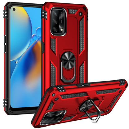 Rugged protective phone case with rotating holder, red and black armored bumper