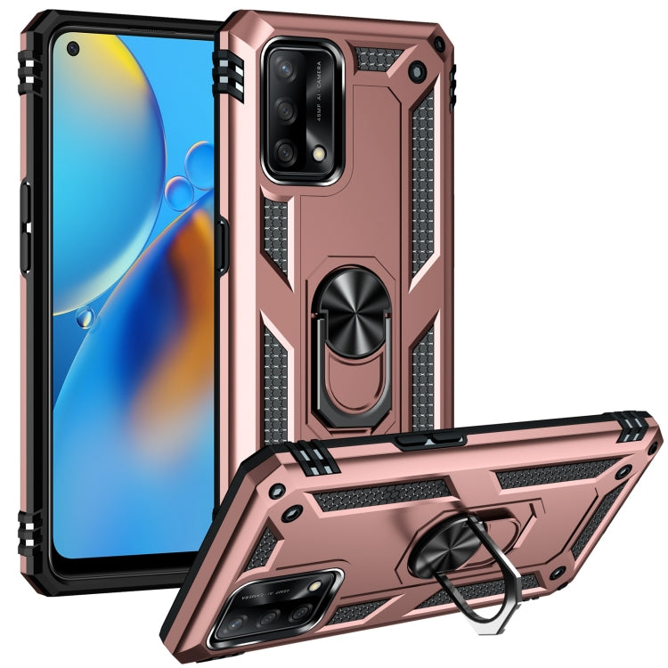 Rugged protective phone case with rotating holder, rose gold and black hard shell
