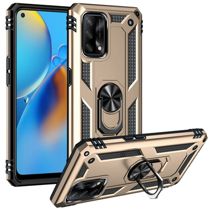 Shockproof phone case with 360 rotating holder and raised camera lip, gold-beige