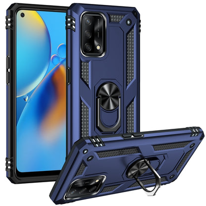 Shockproof phone case with 360 rotating holder and raised camera lip, navy blue