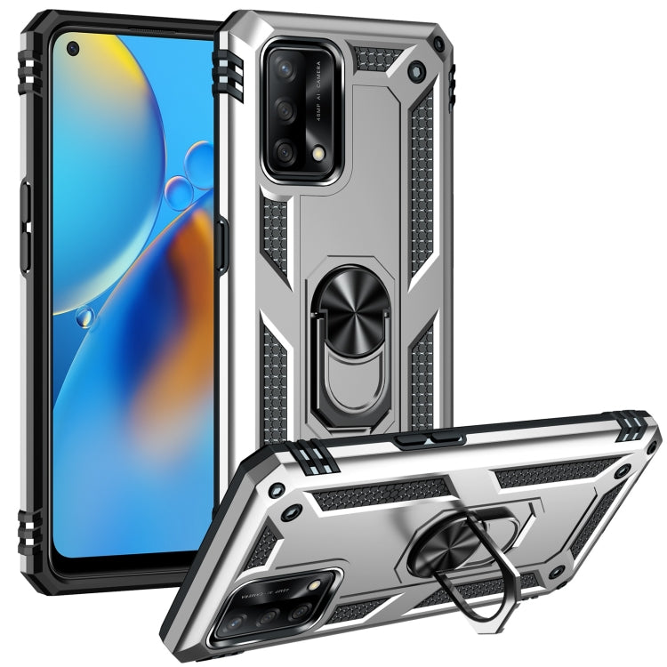 Shockproof phone case with 360 rotating holder and raised camera lip, silver