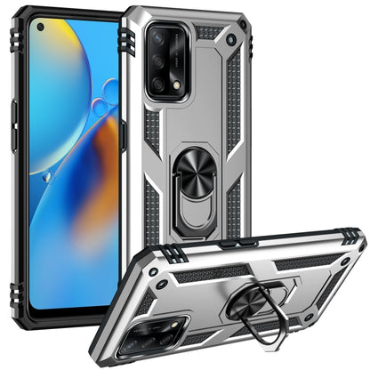 Shockproof phone case with 360 rotating holder and raised camera lip, silver