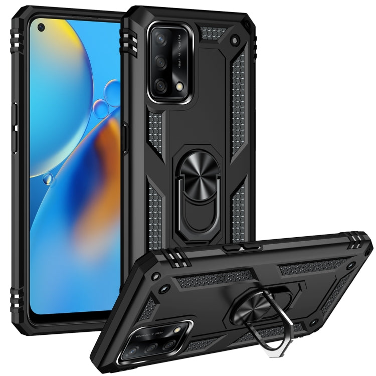 Shockproof phone case with 360 rotating holder and raised camera lip, black