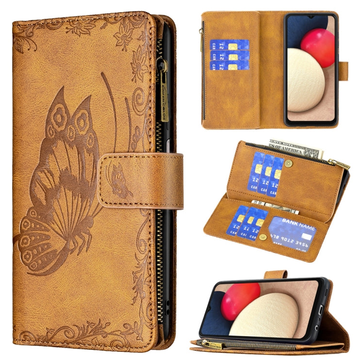 Brown embossed butterfly leather phone case with horizontal zipper, card slots, and flip stand