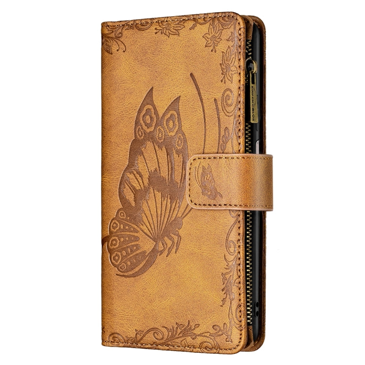 Brown embossed butterfly leather folio phone case with front magnetic strap and textured finish