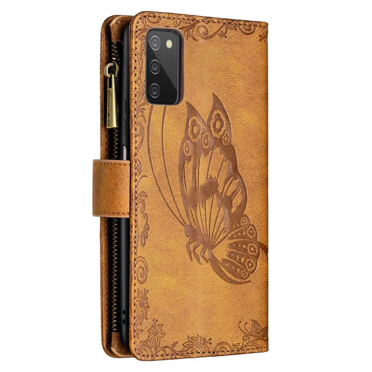 Brown embossed butterfly leather flip wallet case with side zipper and phone cutouts