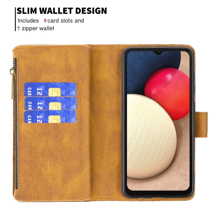 Brown leather phone case wallet with front card slots and horizontal zipper closure