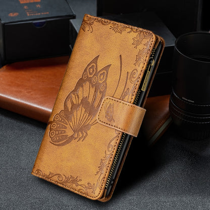 Brown embossed butterfly leather phone case with horizontal zipper and front magnetic strap