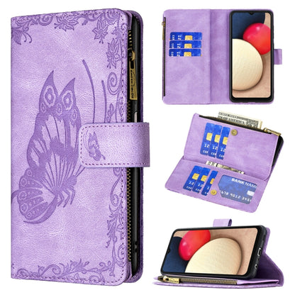 Purple embossed butterfly leather phone case wallet with zipper, card slots, and flip cover