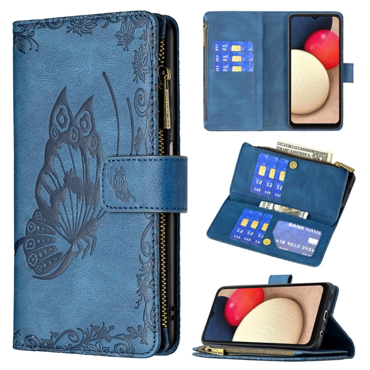 Blue embossed butterfly flip leather wallet case with zipper and card slots