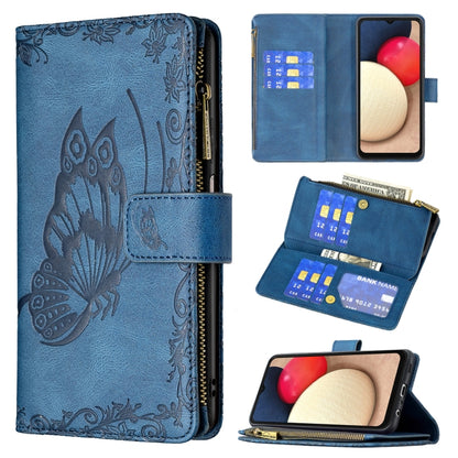 Blue embossed butterfly flip leather wallet case with zipper and card slots