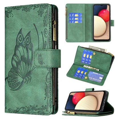 Green embossed butterfly flip leather wallet case with zipper and card slots