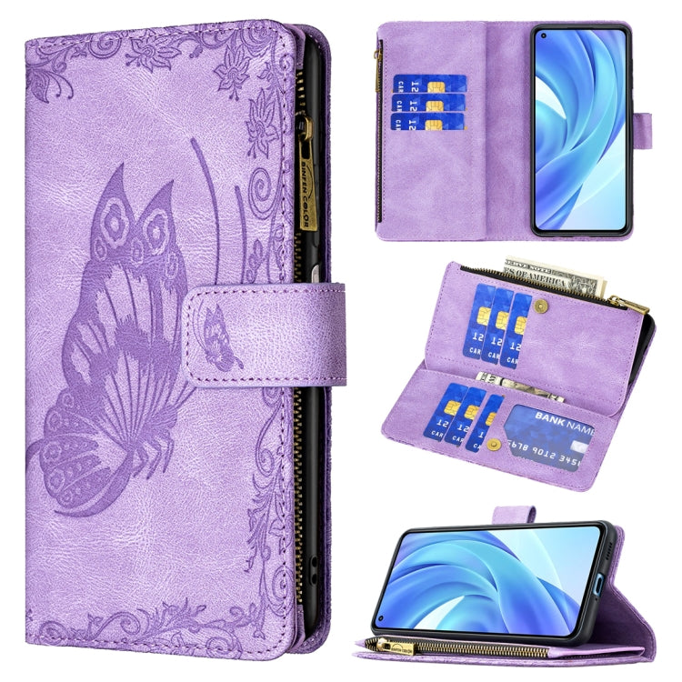 Purple embossed butterfly flip leather wallet case with zipper, card slots, phone holder
