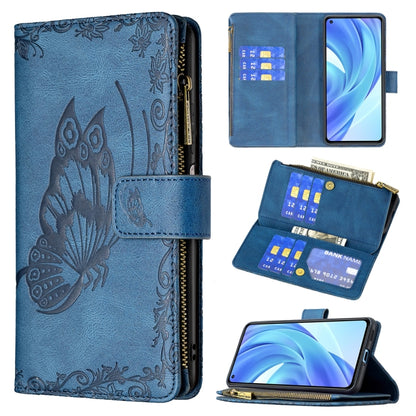 Blue embossed butterfly flip leather wallet case with zipper, card slots, kickstand