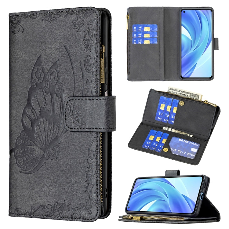 Dark gray embossed butterfly flip leather wallet case with zipper, card slots