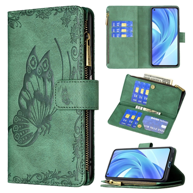 Green embossed butterfly flip leather wallet case with zipper, card slots, kickstand
