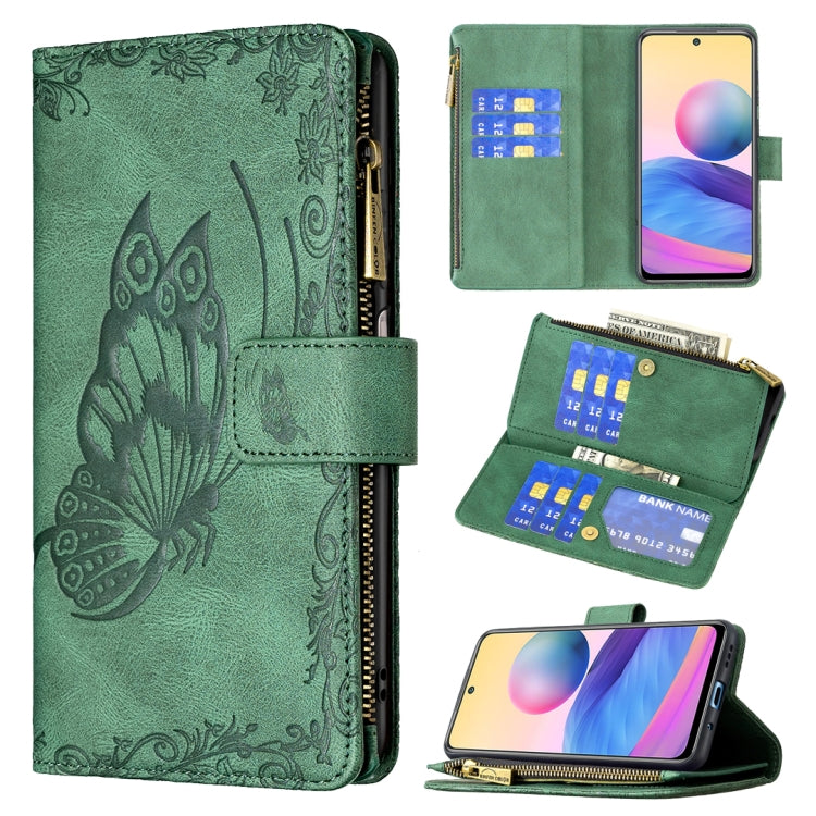 Embossed butterfly zipper wallet phone case with card slots, green leather.
