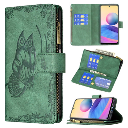 Embossed butterfly zipper wallet phone case with card slots, green leather.