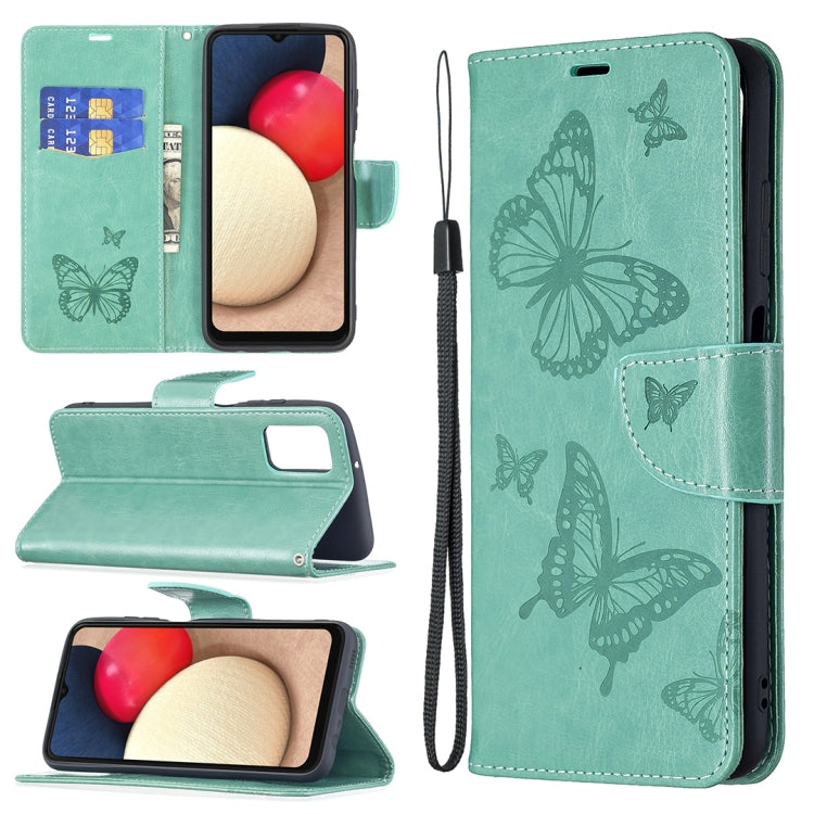 Green PU leather phone wallet case with embossed butterflies, card slot, wrist lanyard