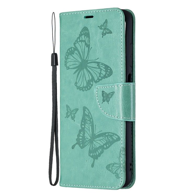 Green PU leather phone wallet case with embossed butterflies and side lanyard strap