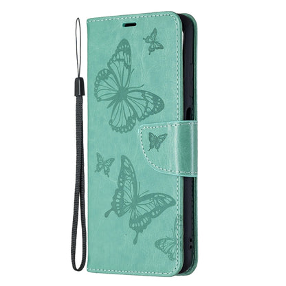 Green PU leather phone wallet case with embossed butterflies and side lanyard strap
