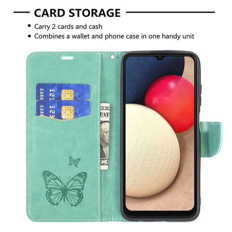 Green PU leather phone wallet case with embossed butterflies, card holder, folio cover