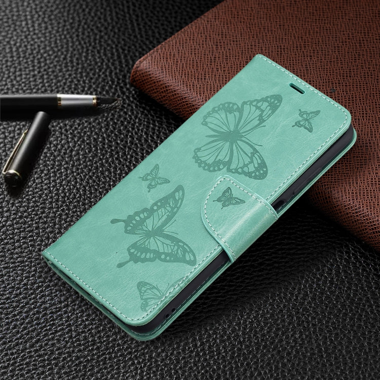 Green PU leather phone wallet case with embossed butterflies and card flap