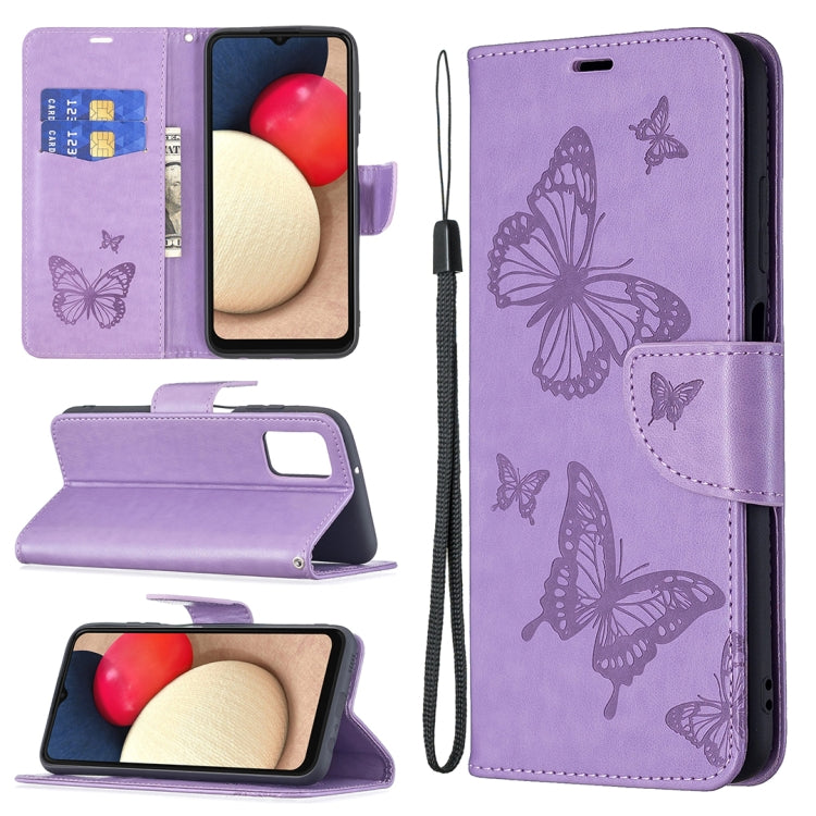 Purple PU leather phone wallet case with embossed butterflies, card holder, wrist lanyard