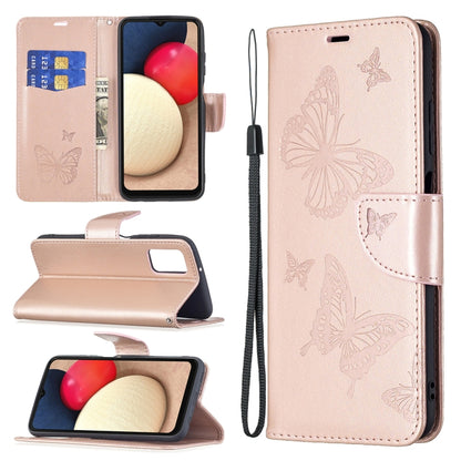 Rose gold PU leather phone wallet case with butterfly embossing, card slot, and lanyard