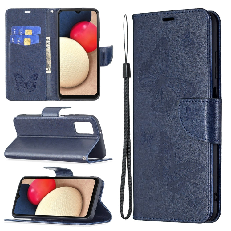 Navy PU leather phone wallet case with butterfly embossing, card slot, and lanyard