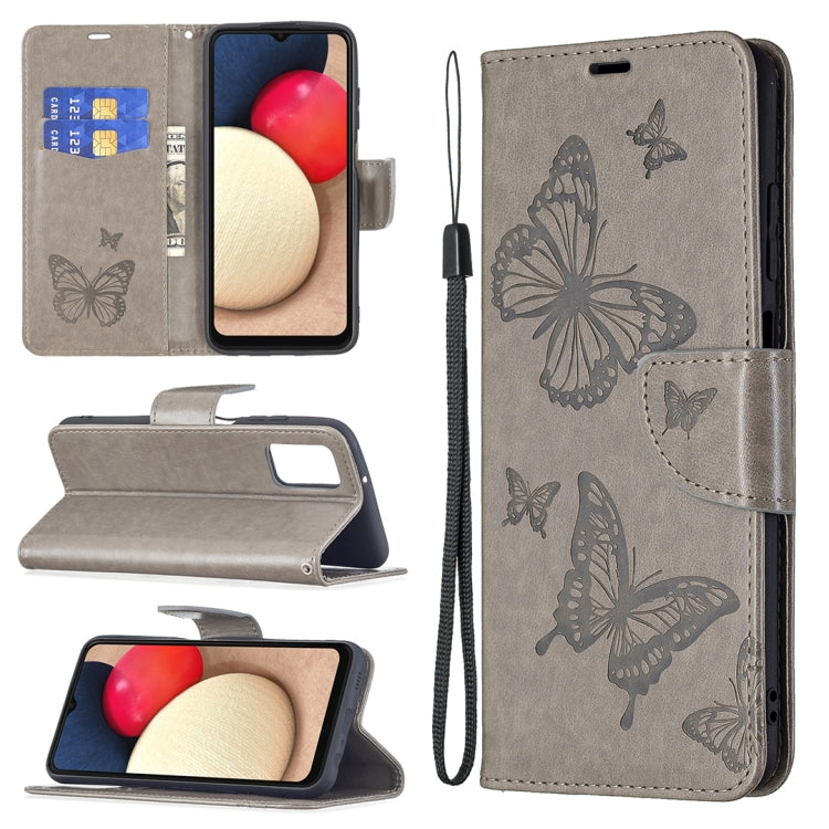Gray PU leather phone wallet case with embossed butterflies, flip cover and card slot.