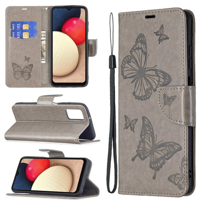 Gray PU leather phone wallet case with embossed butterflies, flip cover and card slot.