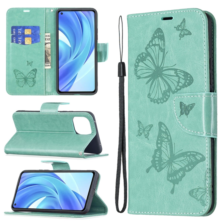 Green PU leather phone wallet case with embossed butterflies and lanyard strap
