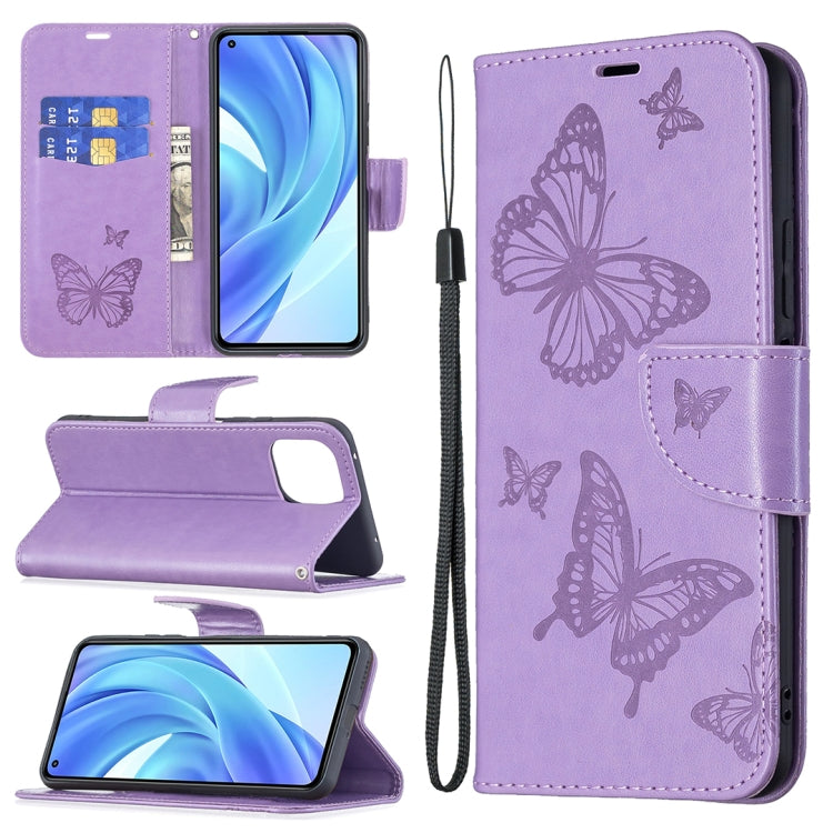 Purple PU leather phone wallet case with butterfly embossing, card slot, and lanyard
