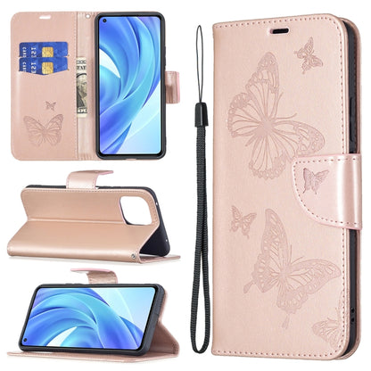 Light rose PU leather phone wallet case with butterfly embossing, card slot, and lanyard