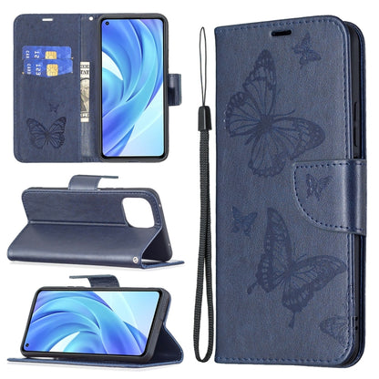 Dark blue PU leather phone wallet case with butterfly embossing, card slot, and lanyard