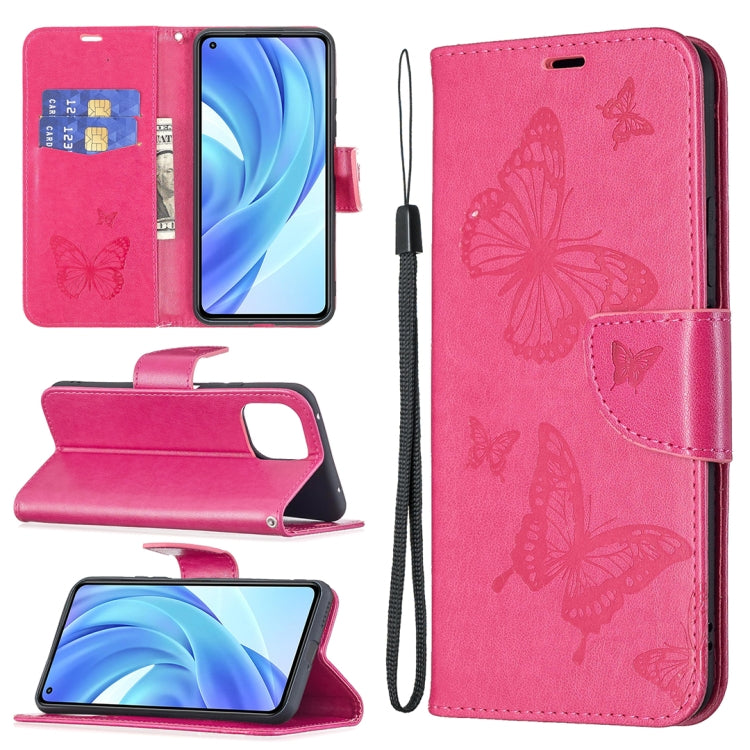 Hot pink PU leather phone wallet case with butterfly embossing, card slot, and lanyard