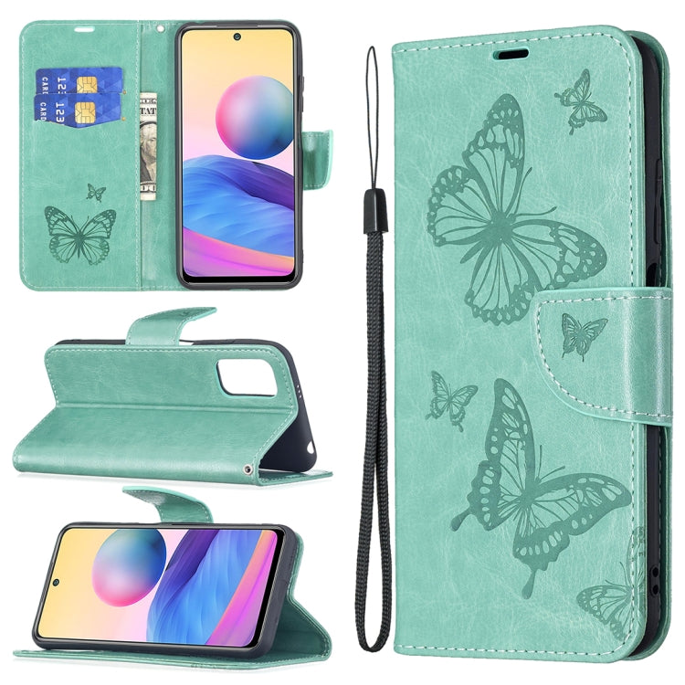 Green PU leather phone wallet case with embossed butterflies, card slots, lanyard