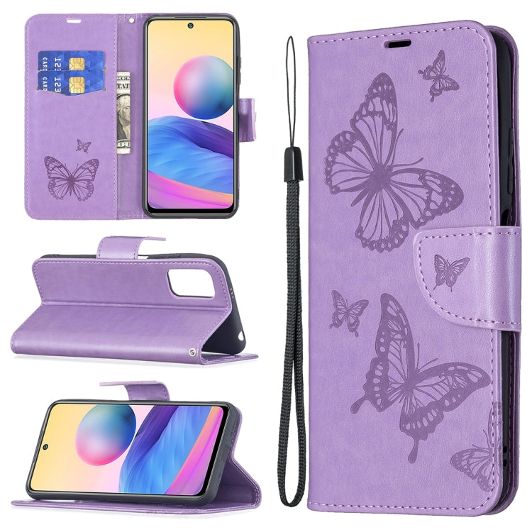 Lavender PU leather phone wallet case with butterfly embossing, card slot, and lanyard