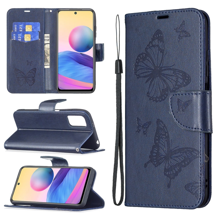 Blue PU leather phone wallet case with butterfly embossing, card slot, and lanyard