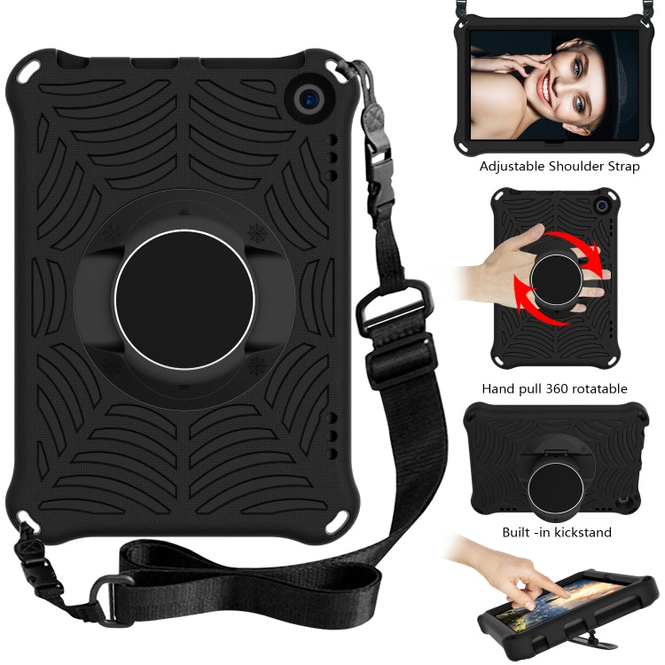 Black EVA tablet case with adjustable shoulder strap and 360° rotating kickstand
