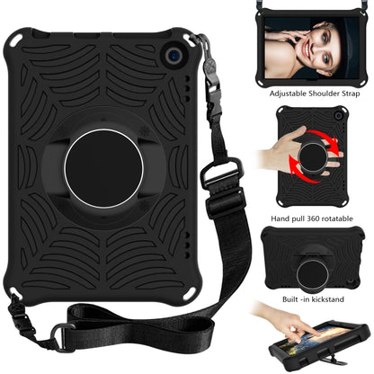 Black EVA tablet case with adjustable shoulder strap and 360° rotating kickstand