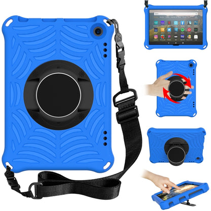 Blue EVA tablet case with adjustable shoulder strap and rotating circular stand