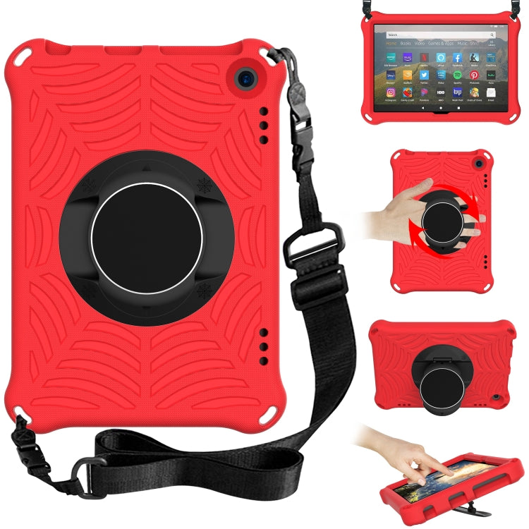 Red protective tablet case with adjustable shoulder strap and circular grip stand