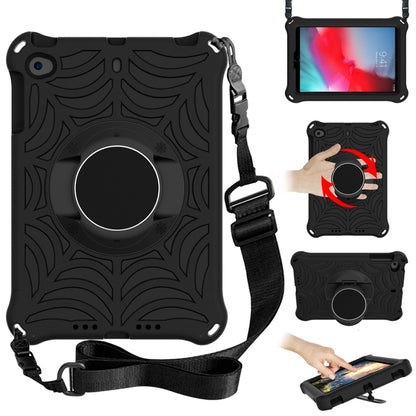 Black protective tablet case with adjustable shoulder strap and circular grip stand