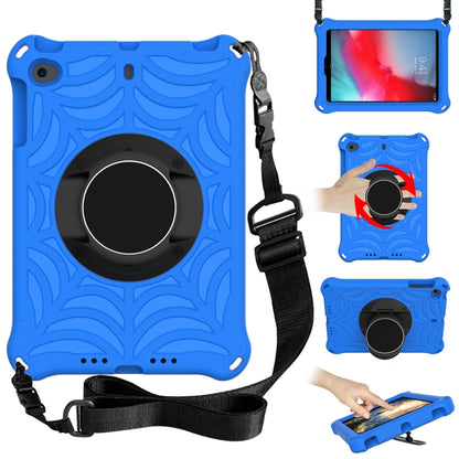 Blue protective tablet case with adjustable shoulder strap and circular grip stand