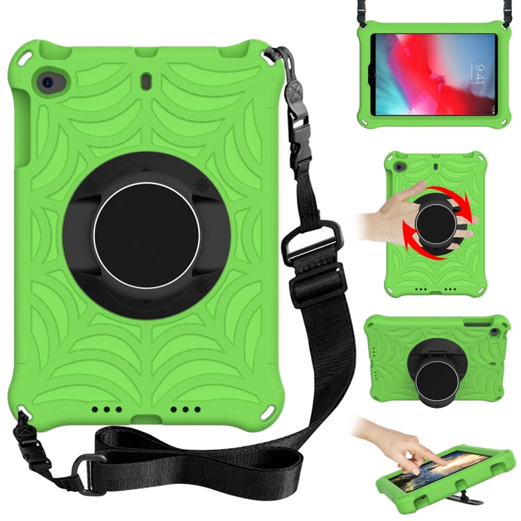 Green protective tablet case with adjustable shoulder strap and circular grip stand