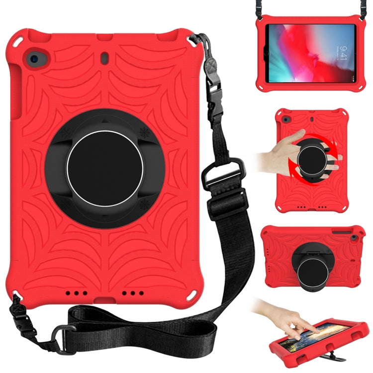 Red protective tablet case with adjustable shoulder strap and circular grip stand